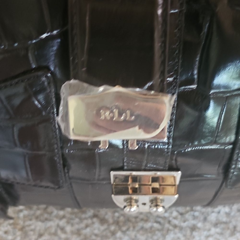 Lauren Ralph Lauren Black Croc-Embossed Leather Shoulder Bag - Picture 8 of 14